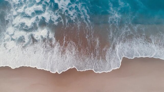 Aerial view of turquoise ocean waves washing over a sandy beach shoreline.
