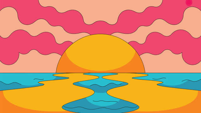 Psychedelic retro sunset beach landscape digital illustration featuring surreal waves, vibrant pink clouds, and golden orange sunlight