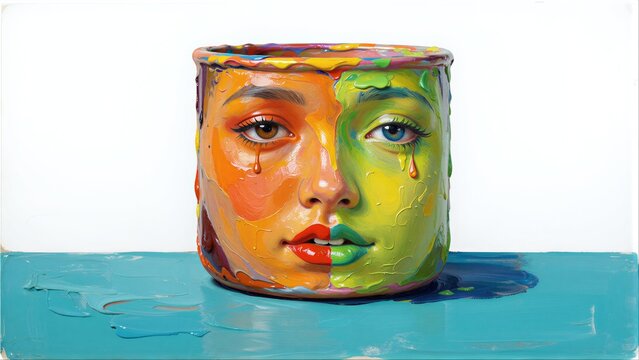 A colorful face split in half, crying tears of paint from a ceramic pot.