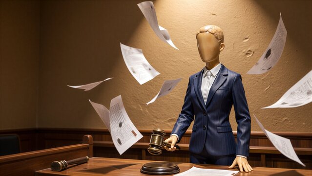 Judge figure holds gavel as papers swirl in courtroom, symbolizing legal chaos or decision.