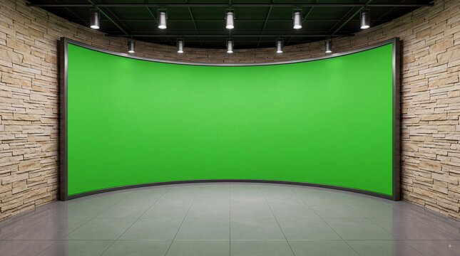Empty green screen cyclorama studio with curved chroma key backdrop, brick side walls, overhead lights and gray floor for virtual video production