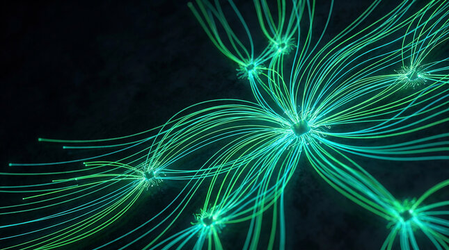 Abstract green glowing fiber optic cables representing high speed data center network connection and digital communication technology with neural network nodes on a dark background.