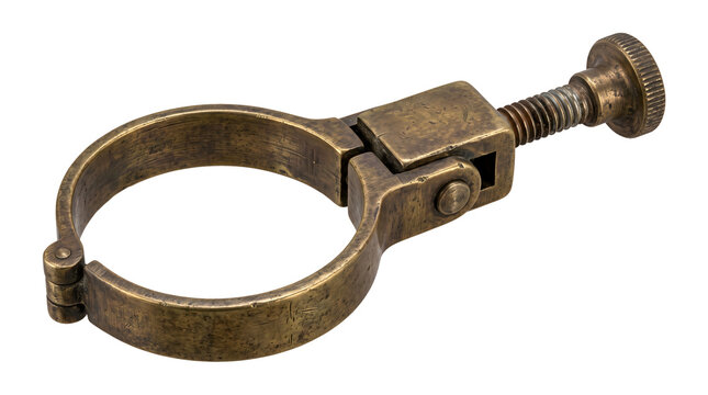 Aged brass pipe clamp connector featuring threaded screw mechanism designed for industrial plumbing pipe repair renovation construction maintenance hardware projects.