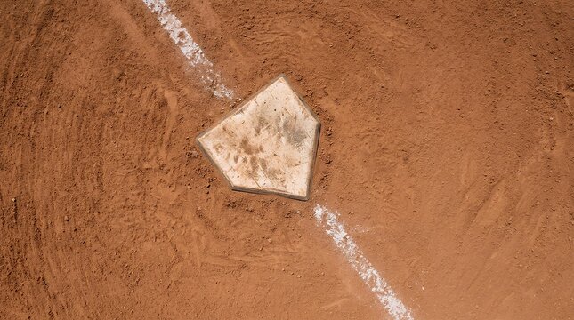 Overhead view of baseball home plate on dirt infield.
