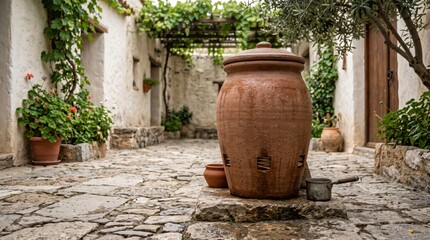 Naklejka premium Traditional clay evaporative cooler in a rustic Mediterranean stone courtyard garden
