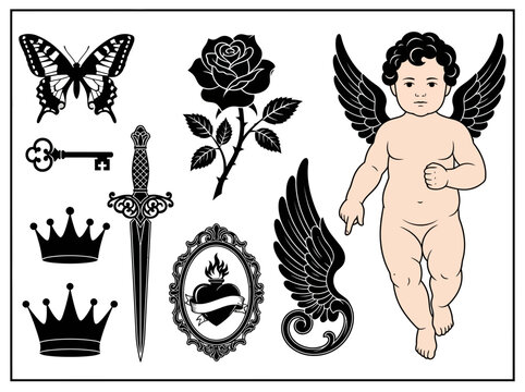 Vintage Tattoo Flash Set with Cherub, Rose, Butterfly, Dagger, and Ornate Symbols