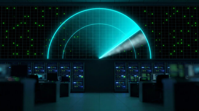 Futuristic data center control room with a giant glowing cyan radar screen on the wall monitoring network security system status and server performance in a dark high tech facility room.
