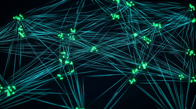 Abstract digital data center network with glowing green neural connections and fiber optic cables representing high speed internet communication and cloud computing technology system.