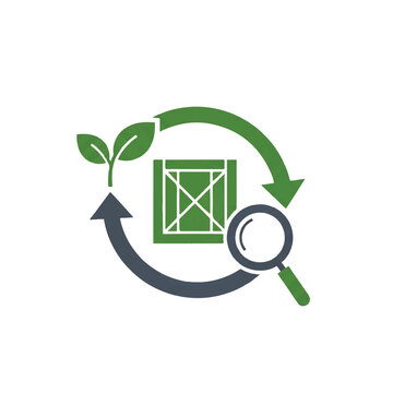 A minimalist flat vector illustration representing transparent supply chain traceability for ESG reporting. The composition features a central shipping crate enclosed in a circular arrow,