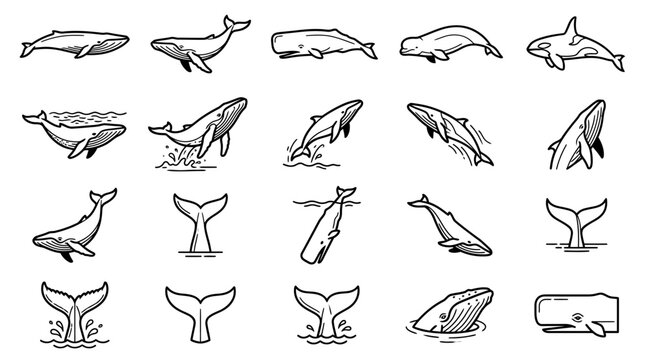 Collection of Hand Drawn Whale Illustrations and Silhouettes.