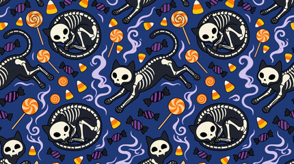 Naklejka premium Seamless Halloween Pattern with Skeleton Cats and Candy