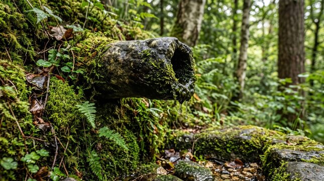 Water dripping from an old mossy stone pipe in a lush green forest environment.