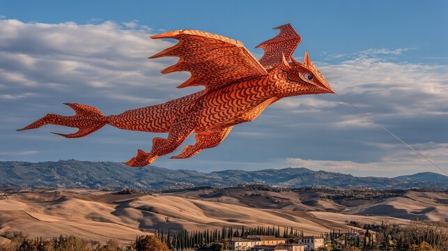 Whimsical orange dragon kite soaring high above rolling Tuscan hills with buildings and cypress trees below under a bright blue sky with clouds