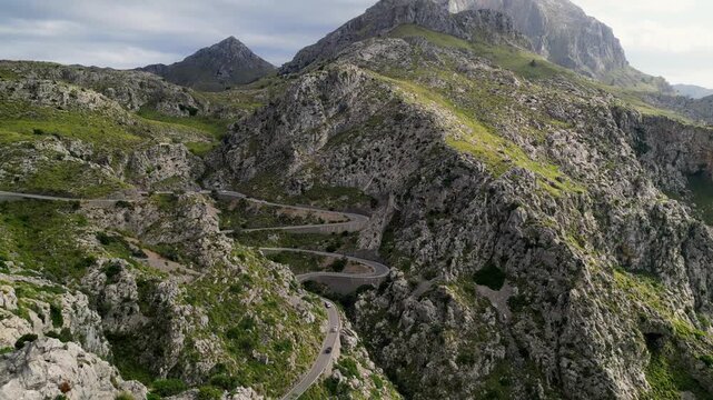 Dramatic aerial view of Sa Calobra road in Mallorca. Travel, landmark and nature footage