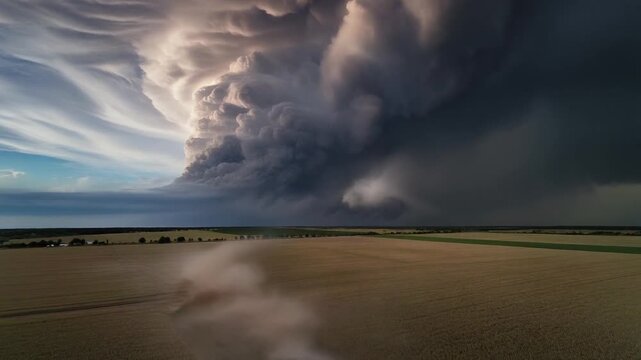 Dramatic aerial view of a massive thunderstorm and ominous shelf cloud rolling over a rural agricultural landscape with a dusty field