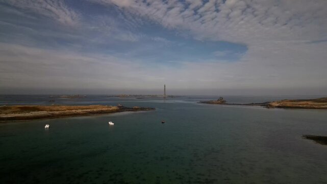 travel aerial footage of Gatteville Lighthouse on a sunny day, coastal France, postcard view