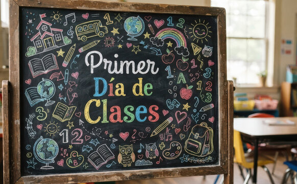 Primer Dia de Clases letrero escolar en pizarra para educacion infantil y regreso a la escuela