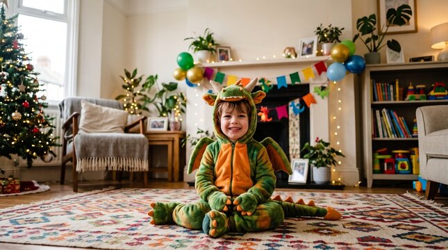 Happy Child in Dragon Costume Celebrates Holiday Season Indoors
