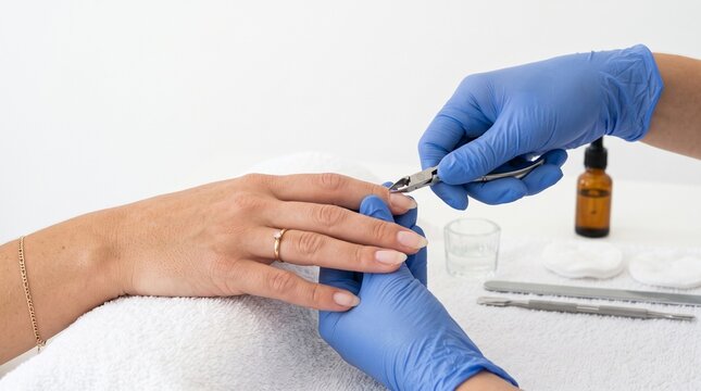 Manicurist using cuticle nippers to trim a clients fingernail during a manicure