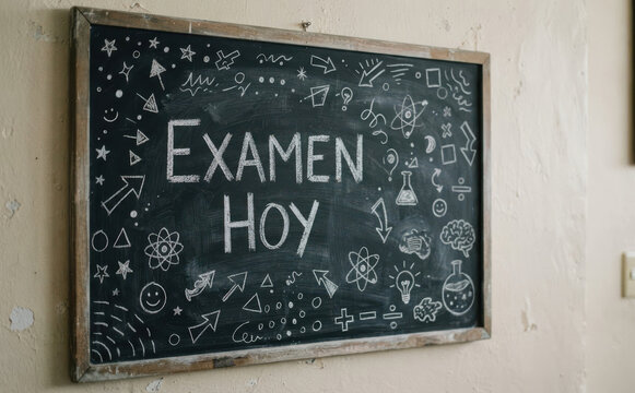 Examen hoy escrito en una pizarra escolar con dibujos educativos para recordar la evaluacion