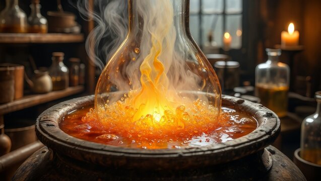 Alchemy Laboratory with Bubbling Elixir and Glowing Flames