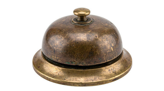 Classical hotel desk bell crafted from aged brass showcases a weathered dome and manual ringer button suitable for reception services and vintage hospitality themes.