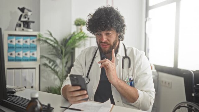 Man doctor with stethoscope holding smartphone, right hand open gesture, reviewing records and messages in clinic building; concerned telemedicine consult.