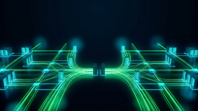 Abstract data center load balancing and traffic distribution network with green glowing light paths connecting server nodes in futuristic cyber concept