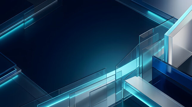 Abstract 3D render of futuristic glass plates with glowing cyan neon light lines
