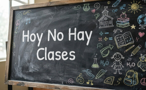 Hoy No Hay Clases - Cartel de pizarra escolar con mensaje de vacaciones y fin de curso educativo