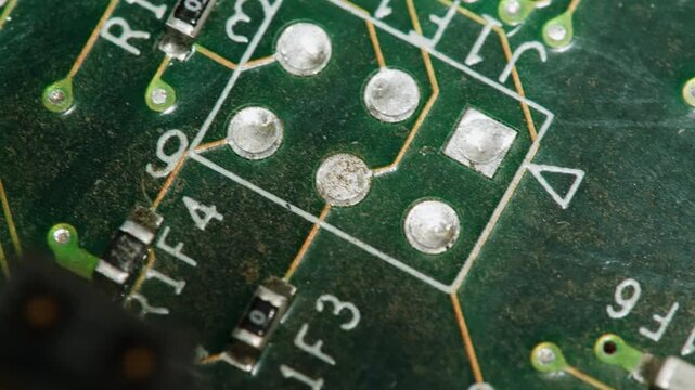 old vintage computer close-up shot, motherboard structure, macro technology shot. Printed circuit board with rotating electronic components and microchips. Old computer inside, late 90s PC.
