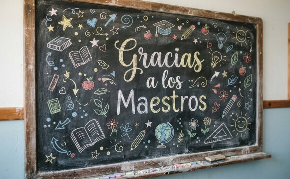 Gracias a los maestros pizarra escolar con dibujos de educacion y aprendizaje para dia del profesor