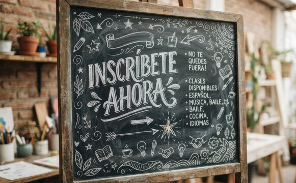 Inscribete Ahora pizarra con clases disponibles de espanol musica baile cocina idiomas anuncio educativo