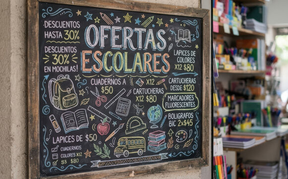 OFERTAS ESCOLARES pizarra con promociones y precios de utiles para la vuelta a clases