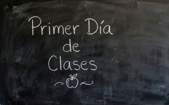 Primer Dia de Clases escrito en pizarra con tiza, concepto de regreso a la escuela y educacion infantil