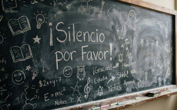 Silencio por Favor, cartel educativo en pizarra escolar para silencio, respeto y educacion