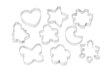 Fototapeta premium Assorted metal cookie cutters in various holiday and decorative shapes on transparent background transparent background