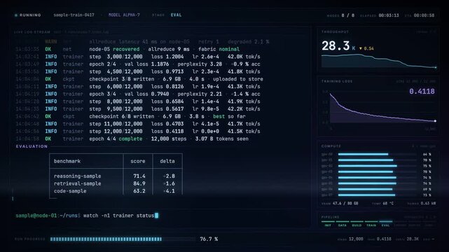AI model training terminal dashboard with live log stream loss curve and GPU compute bars