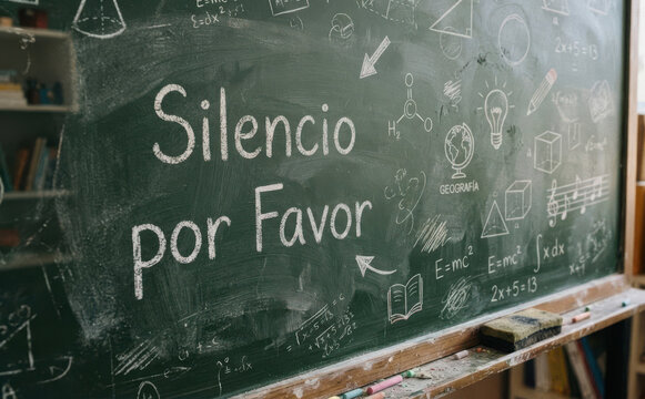 Silencio por Favor texto escrito en pizarra escolar para promocionar el silencio y el respeto en el aula educativa