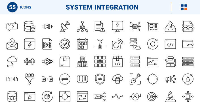 System Integration line icon set. Vector pictograms of architecture, middleware, data pipeline, and enterprise software elements, thin linear illustration.