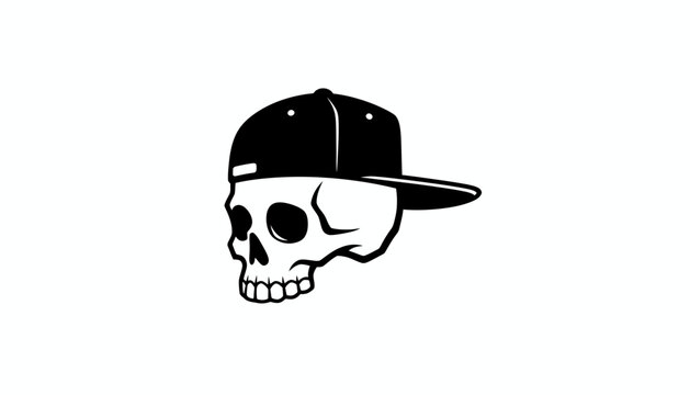 A stylized black and white illustration of a skull wearing a backward baseball cap.