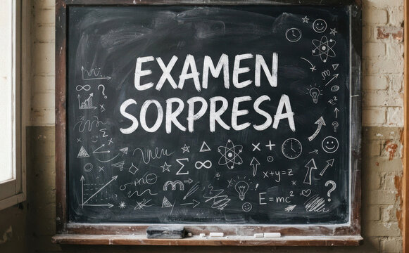 EXAMEN SORPRESA en pizarra escolar. Concepto de educacion, prueba sorpresa, evaluacion academica y clases en el aula.