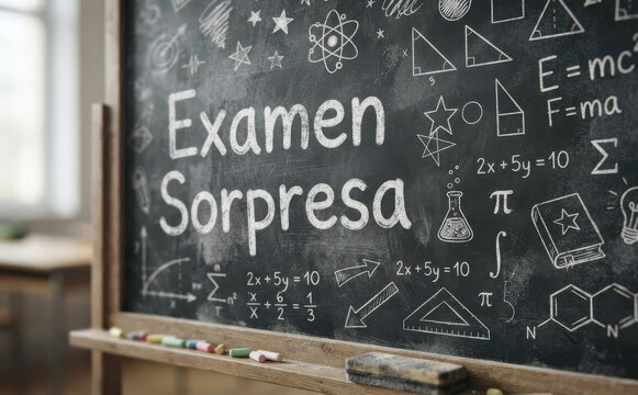 Examen Sorpresa escrito en una pizarra escolar con formulas de matematica y ciencia para educacion