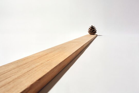 Minimalist perspective composition of a wooden plank with a pine cone on bright white background, modern holiday concept.