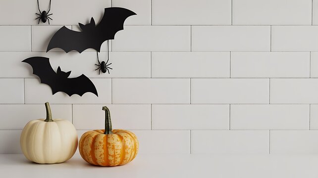 Halloween decoration with pumpkins bats and spiders on white brick wall
