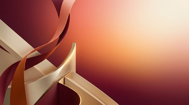 Modern fluid 3D abstract shapes with metallic gold ribbons and warm gradient colors