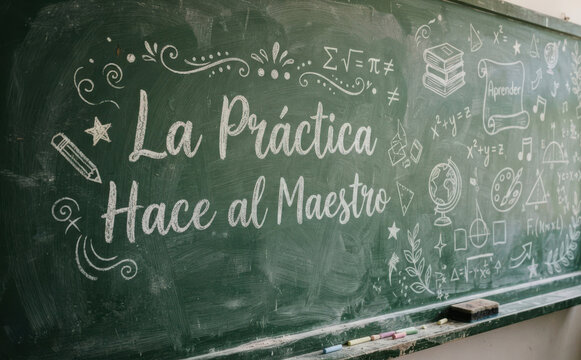La Pr&aacute;ctica Hace al Maestro pizarra verde con tiza concepto de educaci&oacute;n aprendizaje ense&ntilde;anza