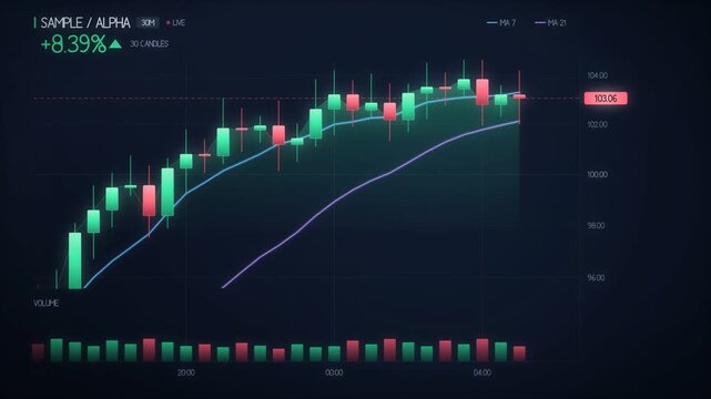 Candlestick stock trading chart rising with breakout signal and volume bars on dark screen