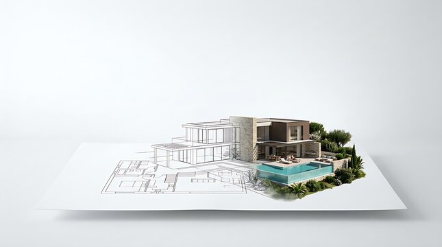 Modern luxury villa architectural blueprint transitioning into a realistic 3d rendered model with a swimming pool on a white background