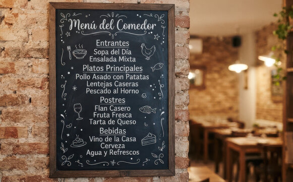 Men&uacute; del Comedor - Pizarr&oacute;n con lista de platos en un restaurante acogedor para dise&ntilde;o gastron&oacute;mico